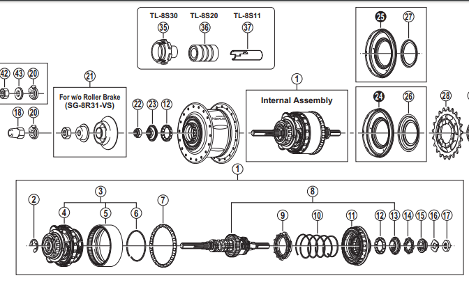 Shimano Nexus SG-8R31 - Conjunto interno para buje de eje de 7.244 in