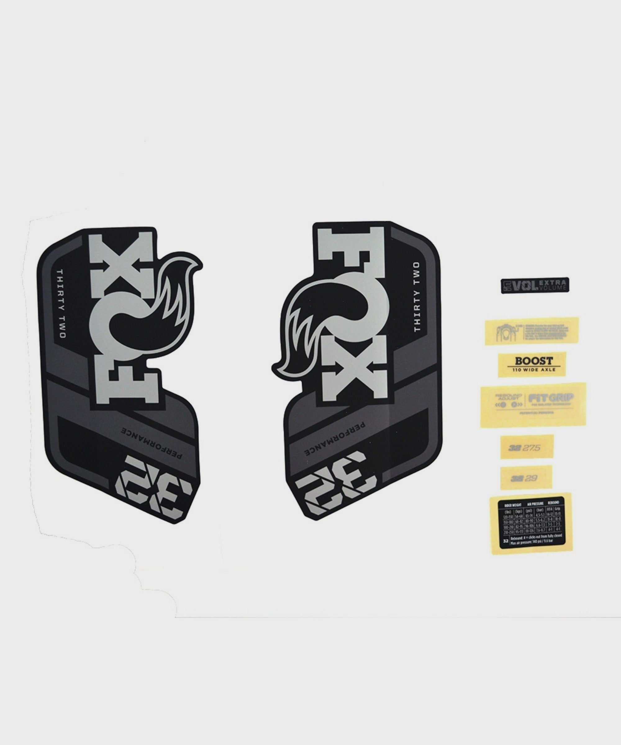 FOX Fork 32 Decal Kit 2021 - P-S Grey Logo Matte Black