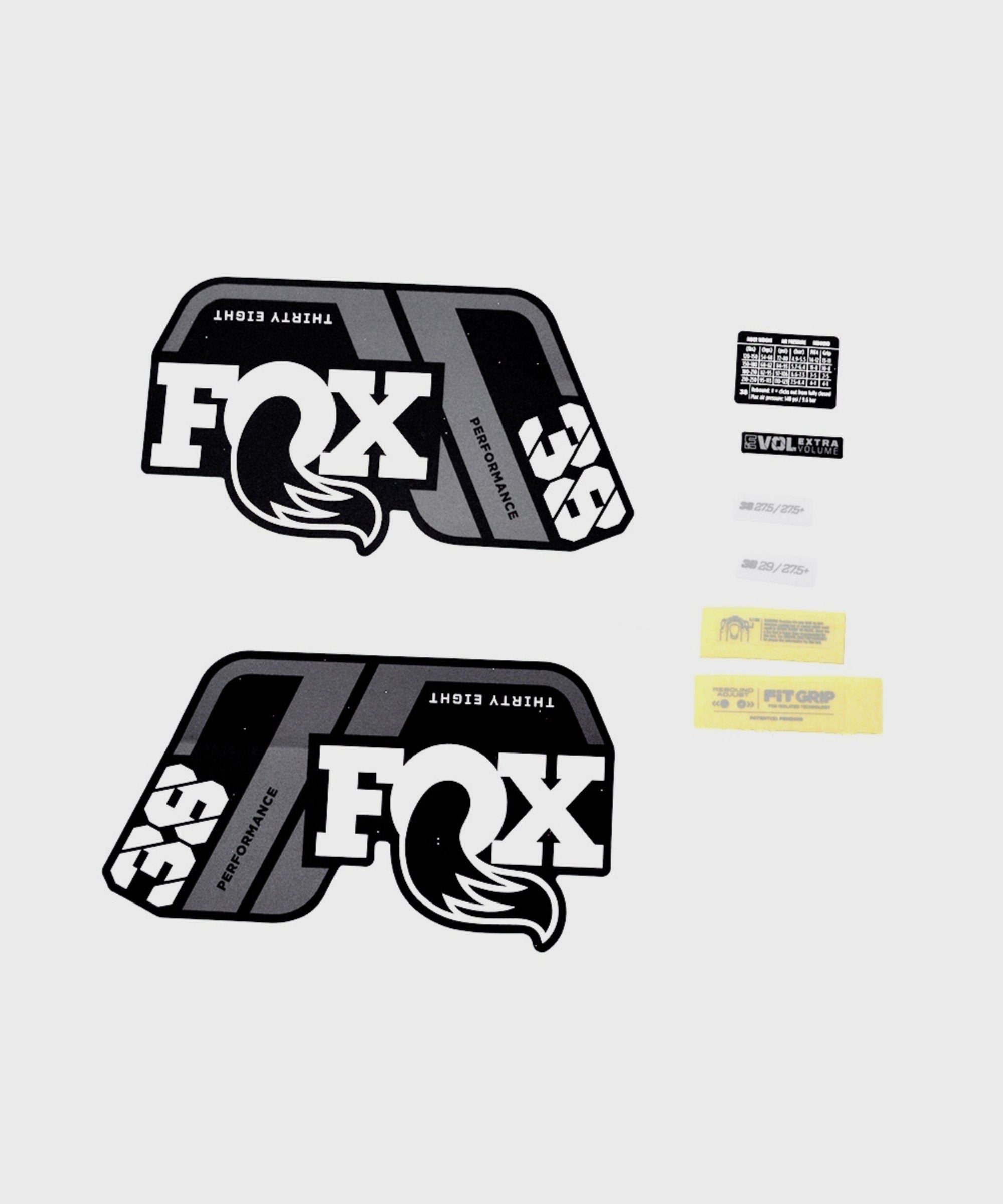FOX Fork 38 Decal Kit: P-S Grey Logo Matte Black 2021