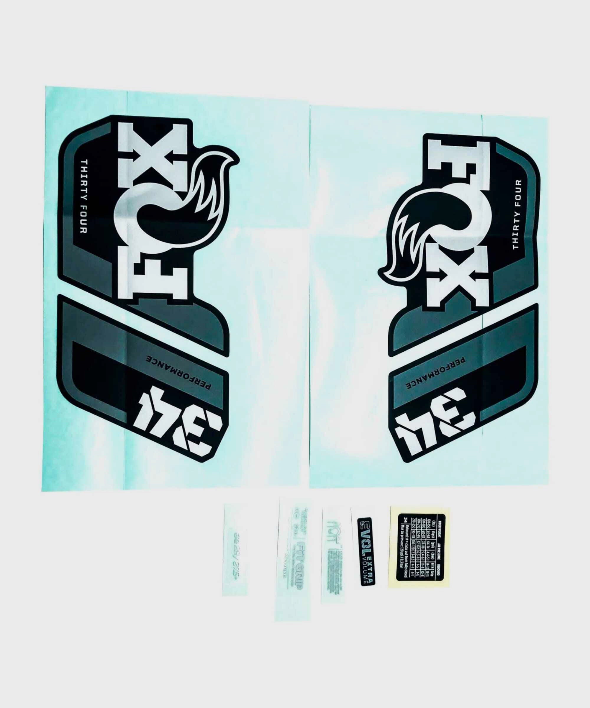 FOX Fork 34 Decal Kit: P-S Grey Logo Matte Black 2022