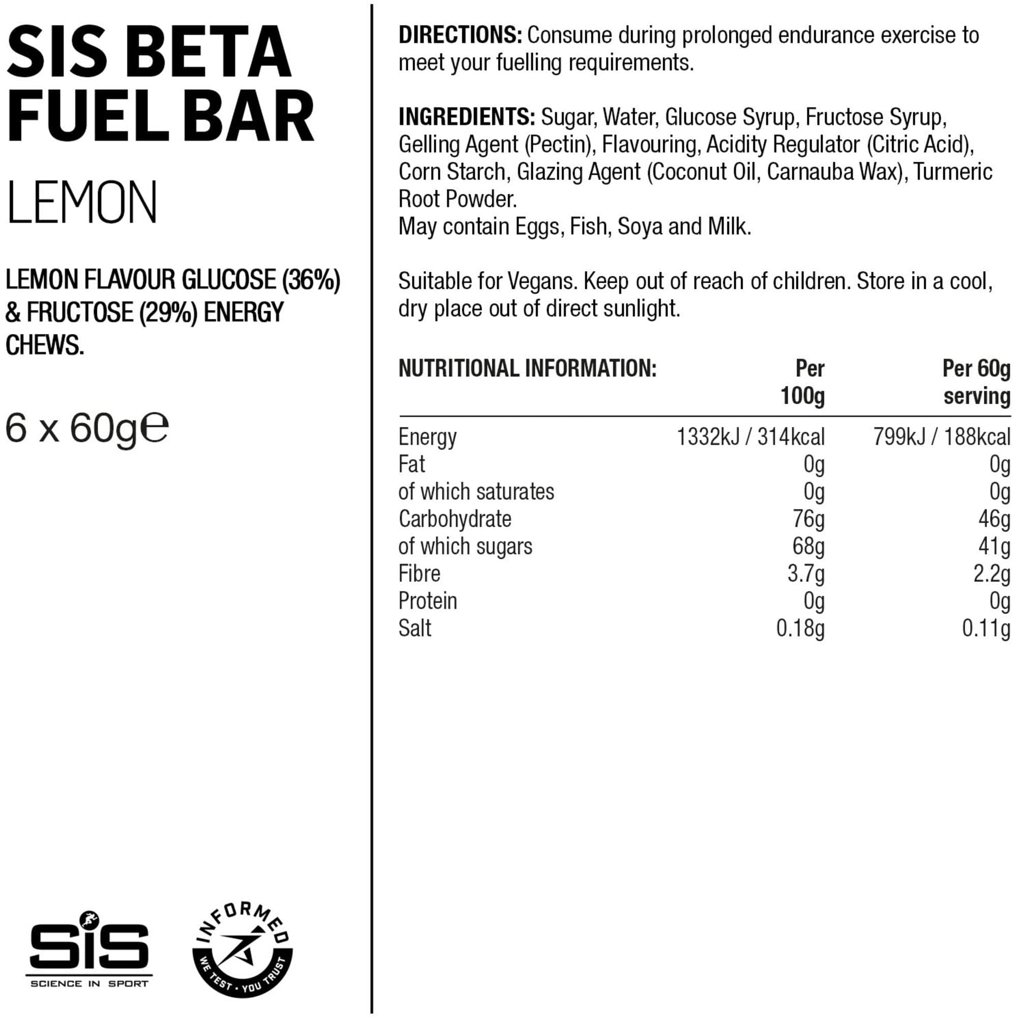 Science In Sport Beta Fuel Energy Chew - box of 6 x 60g - lemon