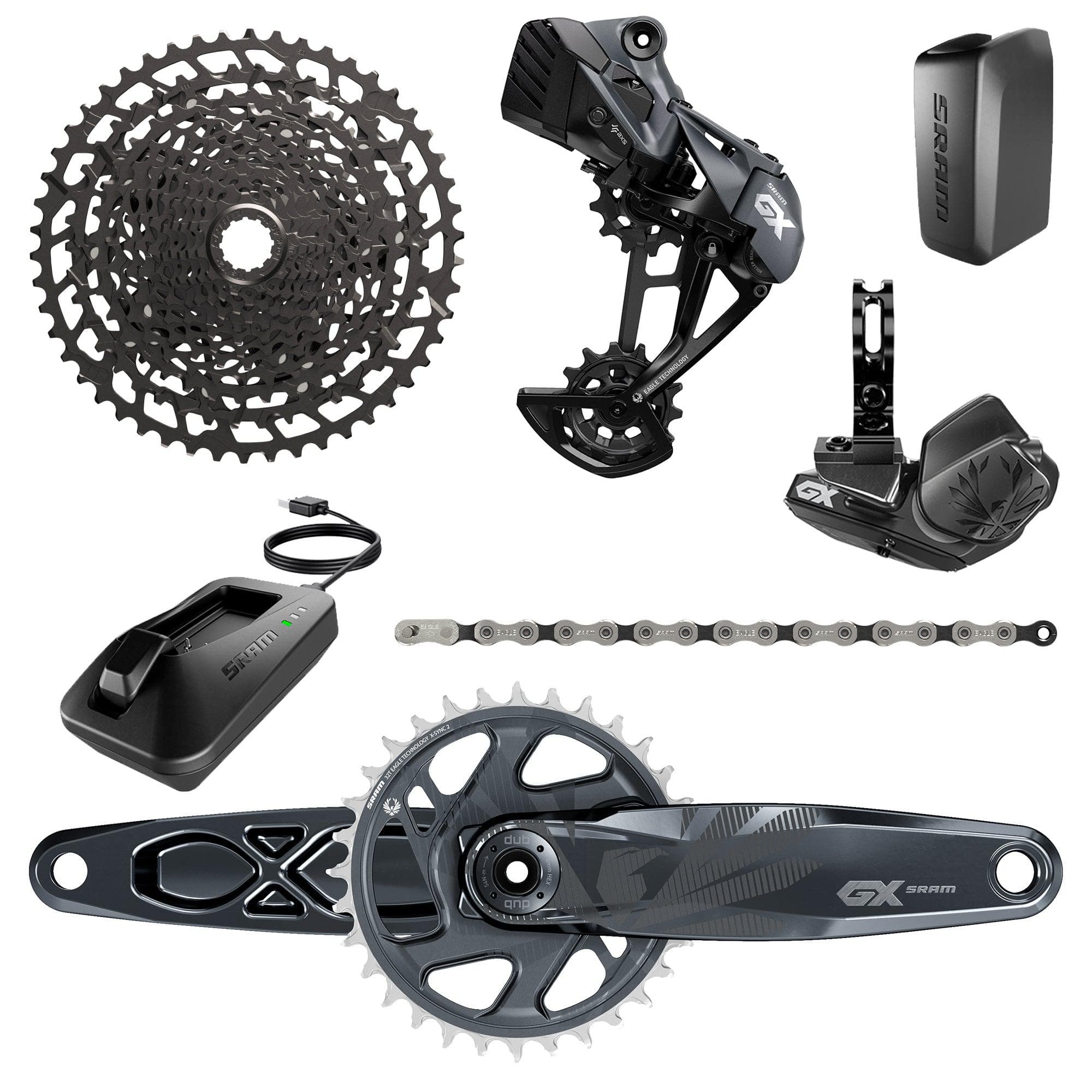 Sram Gx Eagle Axs Dub Groupset - 11-50T - Includes: Rear Der & Battery, Trigger Shifter Wclamp, Crankset Dub 12S 170/175 Boost Wdm 32T Xsync2 Chainring, Gx Eagle Chain, Cassette Pg-1230 11-50T, Charger/Cord, Chaingap Gauge 2022:  170Mm