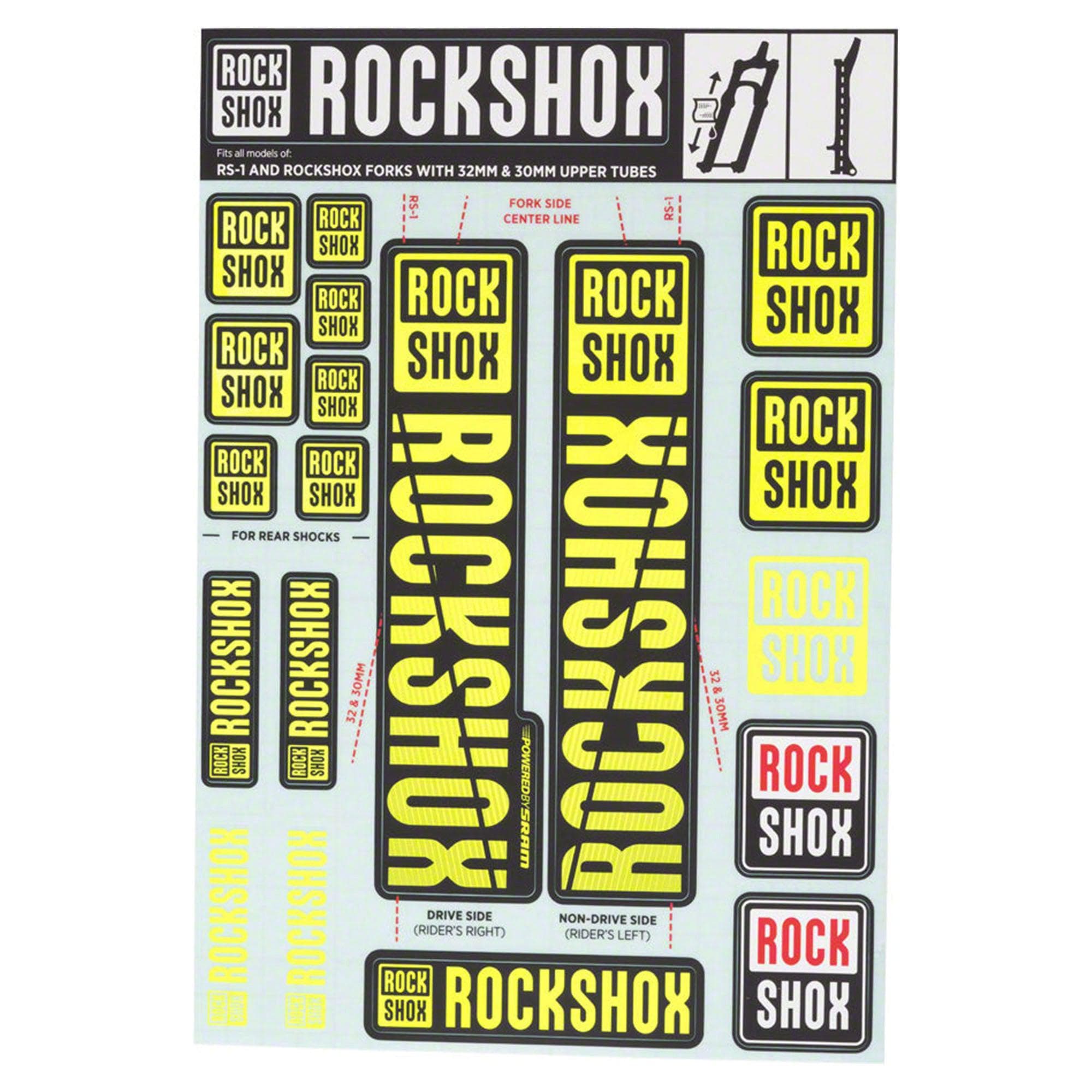Rockshox Spare - Front Suspension Decal Kit 30/32Mm Ne01 Yellow My18 - Sid/Reba/Revelation(Pre 2018)/Sektor/Recon/Xc32/30G/30S/Xc30: Black 30/32Mm