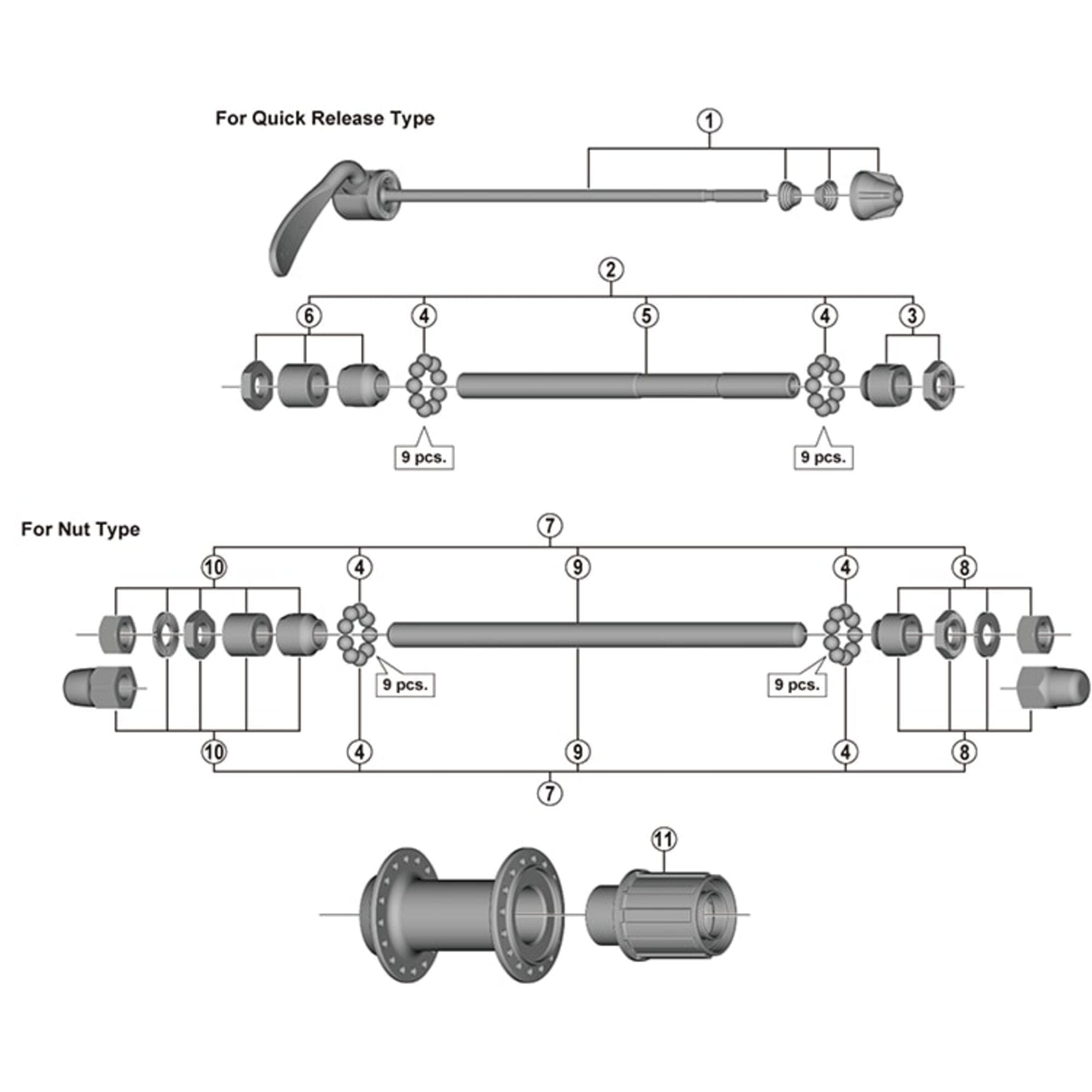 Shimano Spares FH-TY500 complete hub axle for quick release type, 146 mm