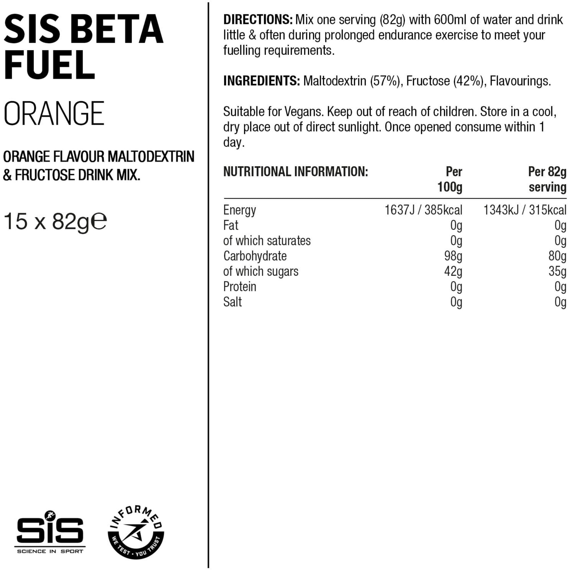 Science In Sport BETA Fuel energy drink powder - box of 15 sachets - orange