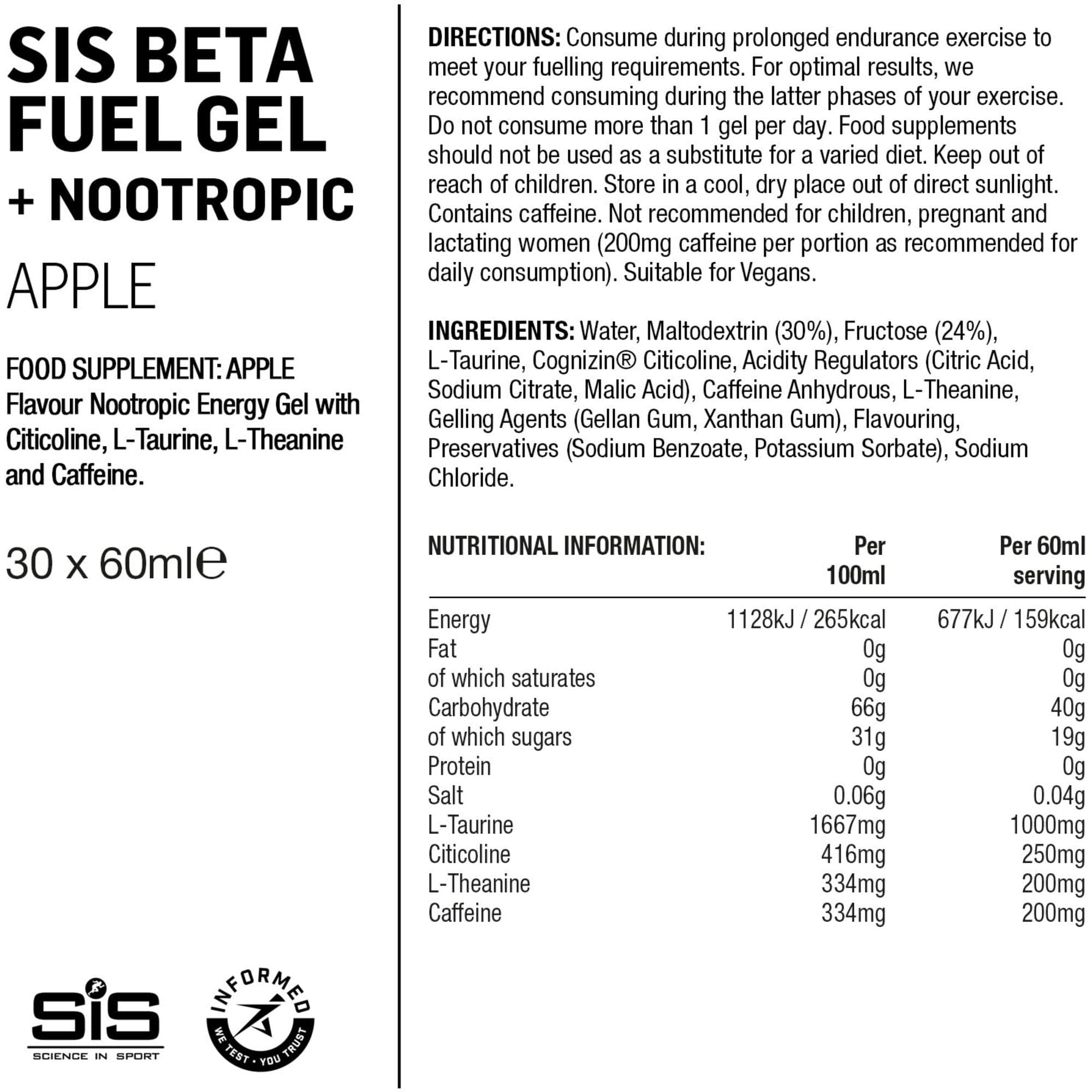 Science In Sport Beta Fuel Energy Gel +Nootropics - box of 30 gels - apple