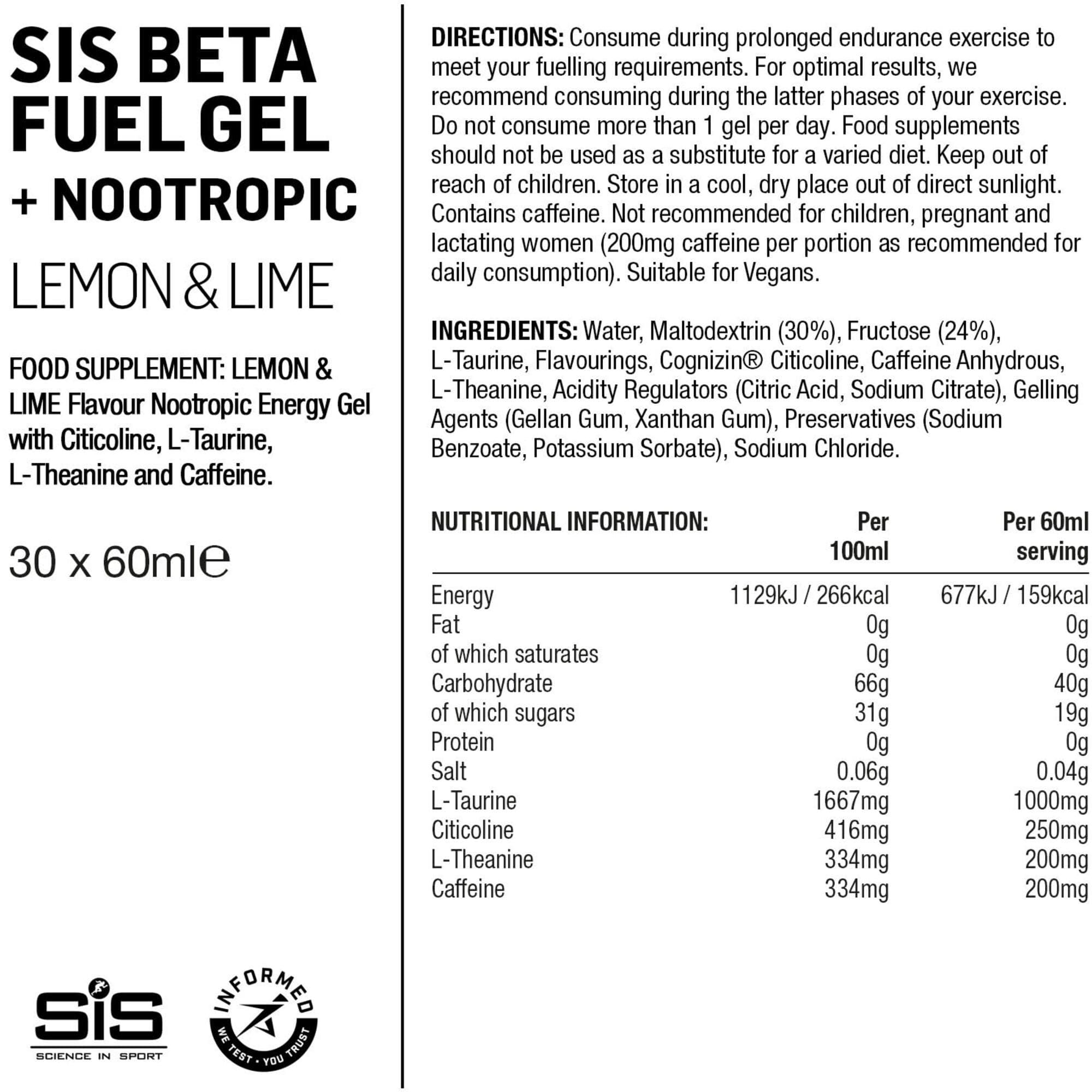 Science In Sport Beta Fuel Energy Gel +Nootropics - box of 30 gels - lemon and lime