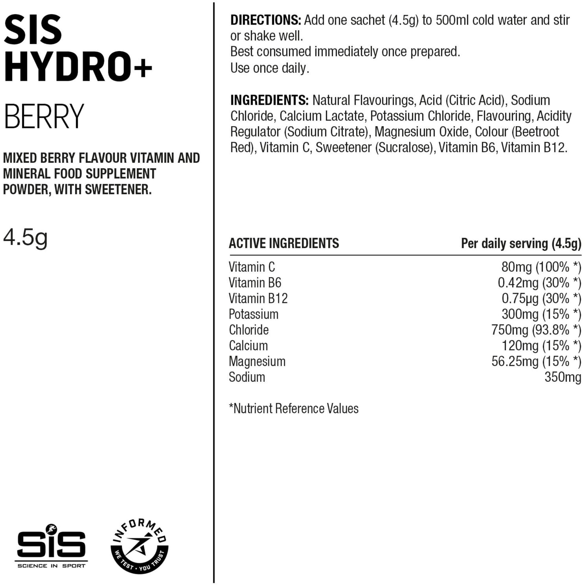 Science In Sport Hydro+ Stick Powder Berry  - 4.5g - Pack of 20