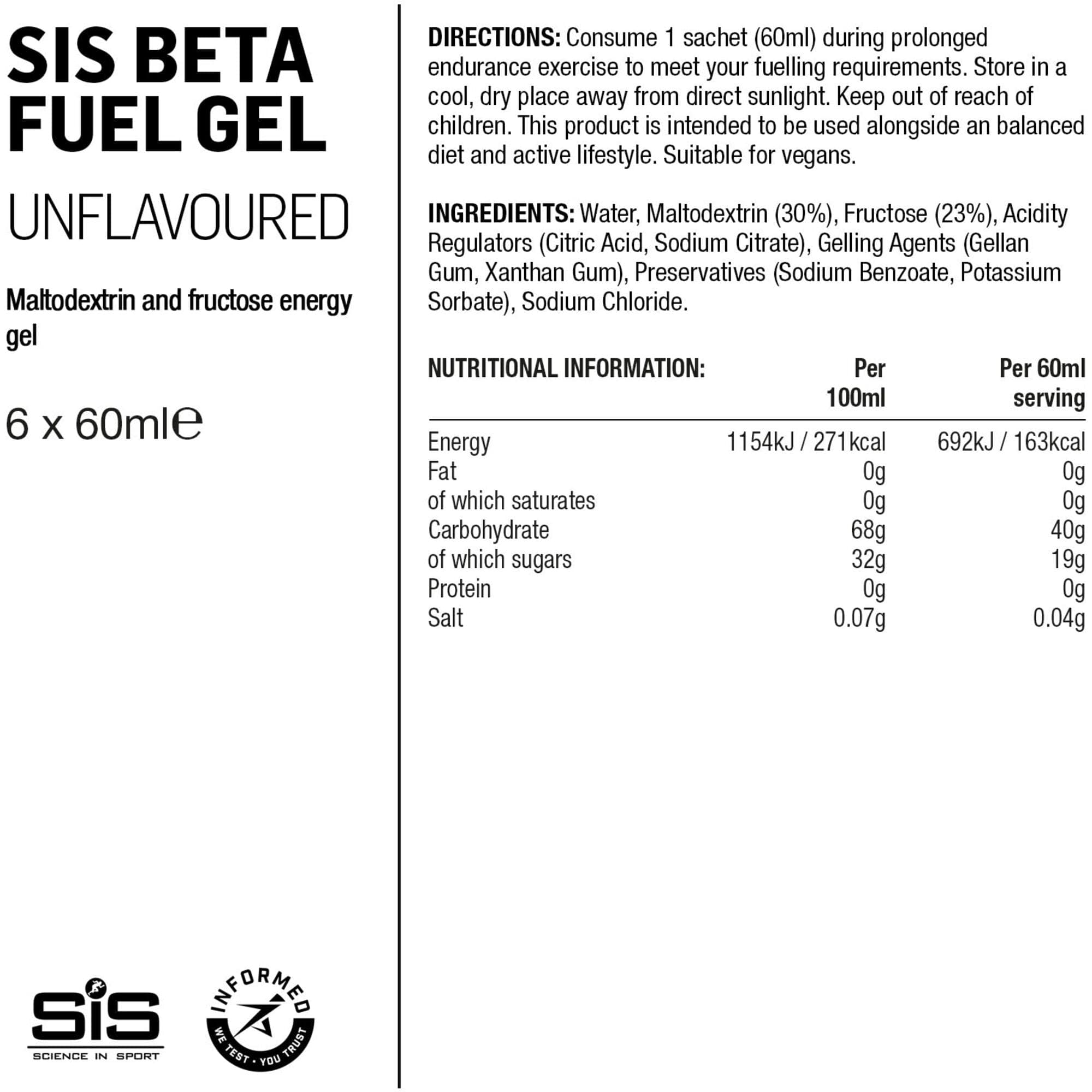 Science In Sport Beta Fuel Energy Gel - box of 6 gels - neutral