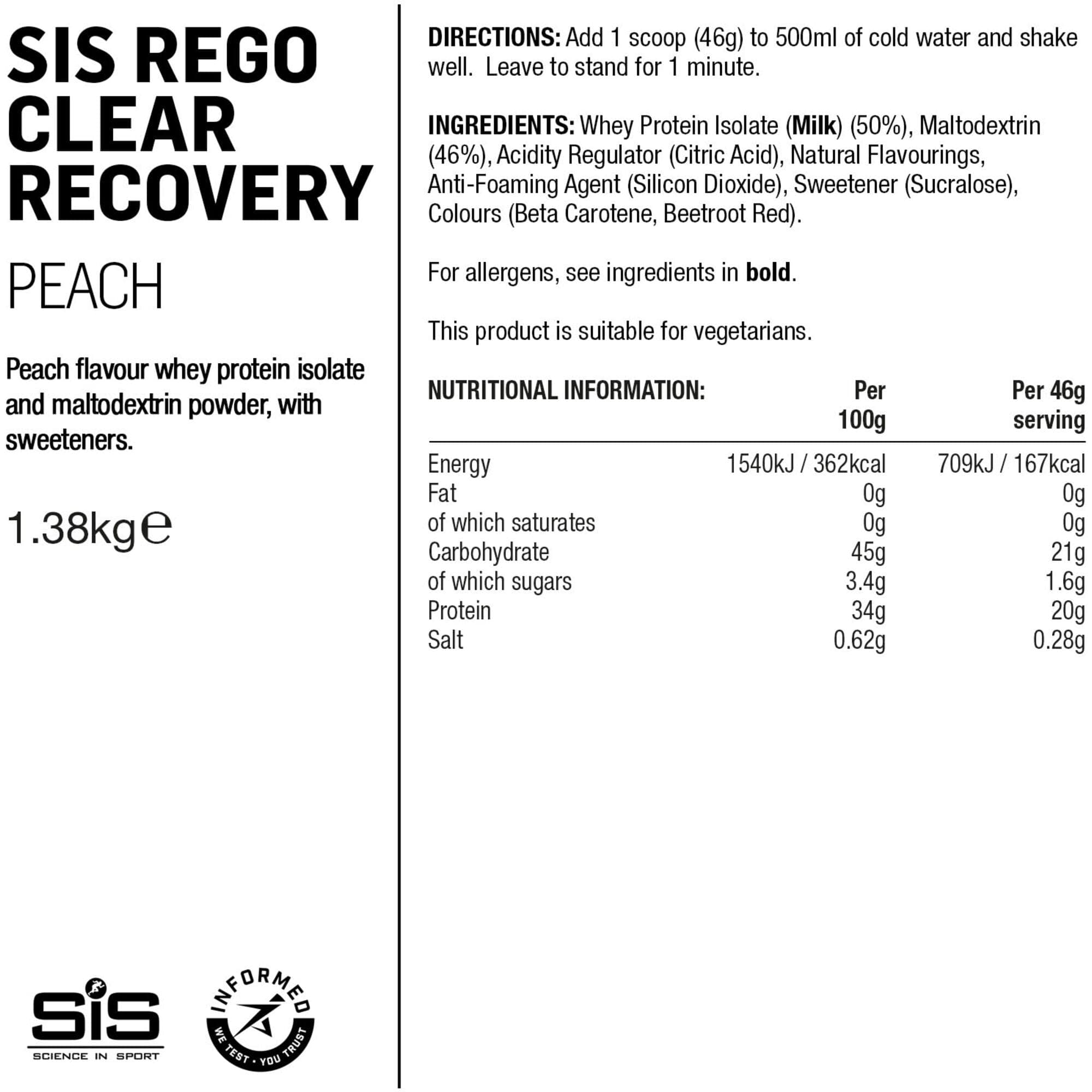 Science In Sport REGO Clear Whey Protein Drink - 1.38kg - Peach