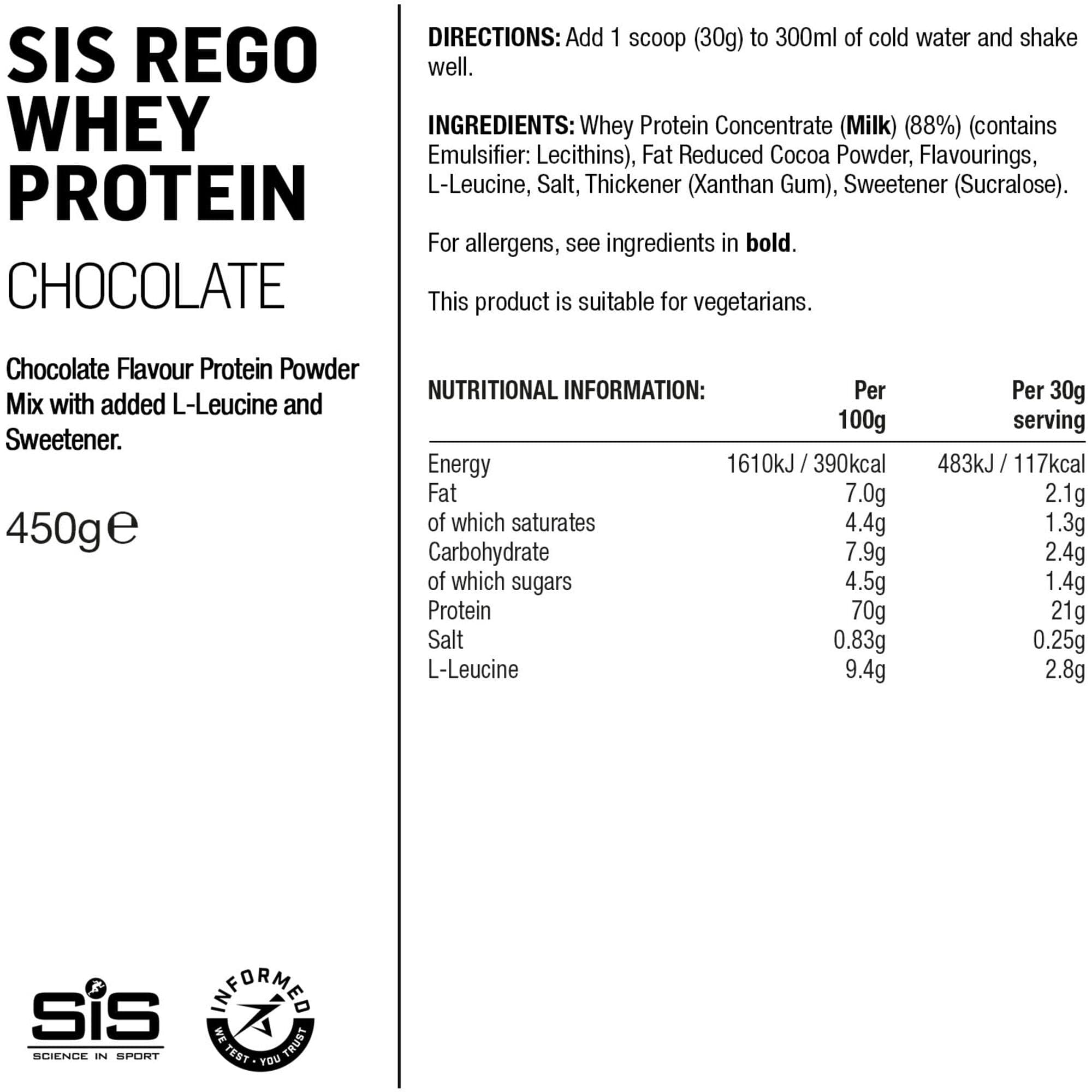Science In Sport REGO Whey Protein Drink Powder - 450g - Chocolate