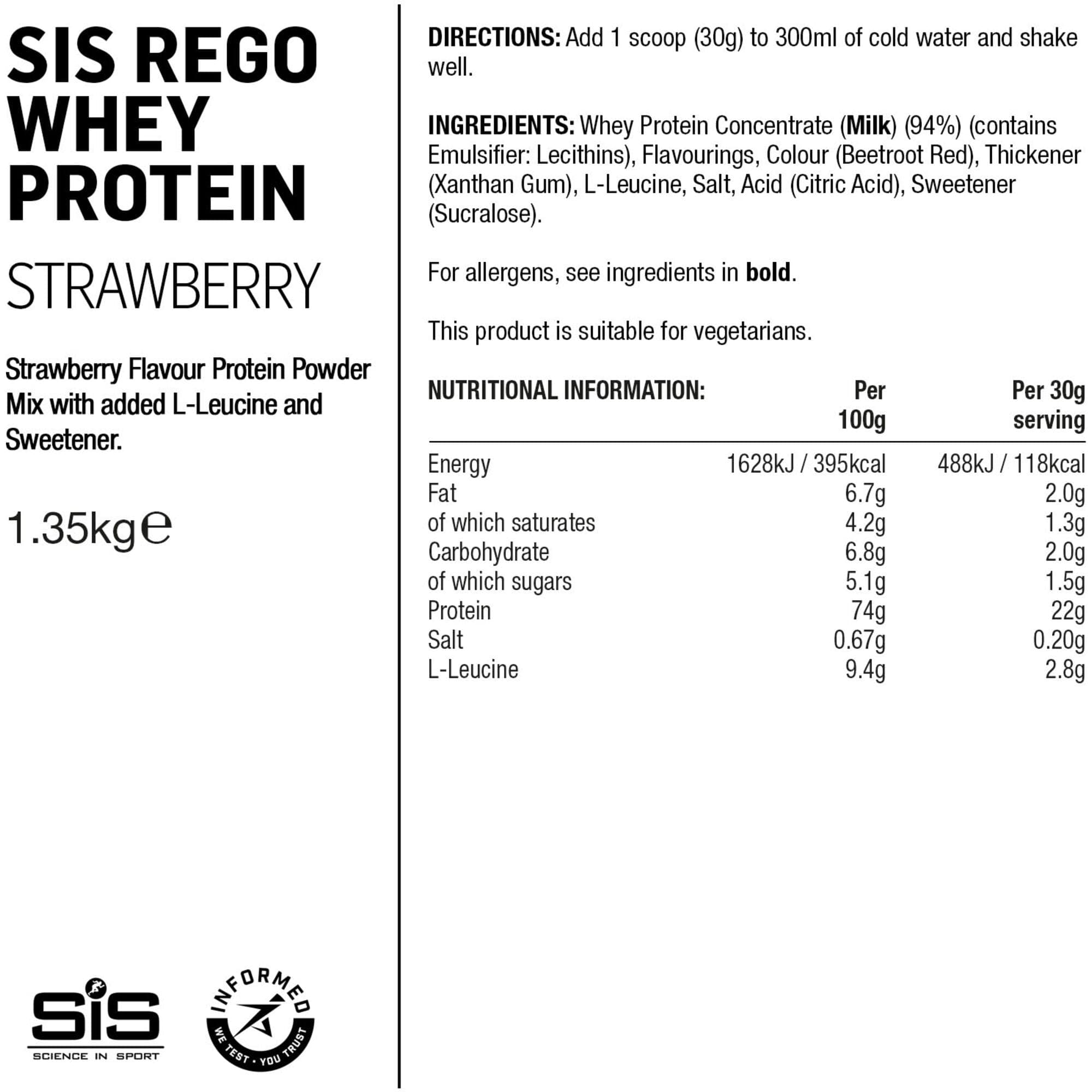 Science In Sport REGO Whey Protein Drink Powder - 1.35kg - Strawberry
