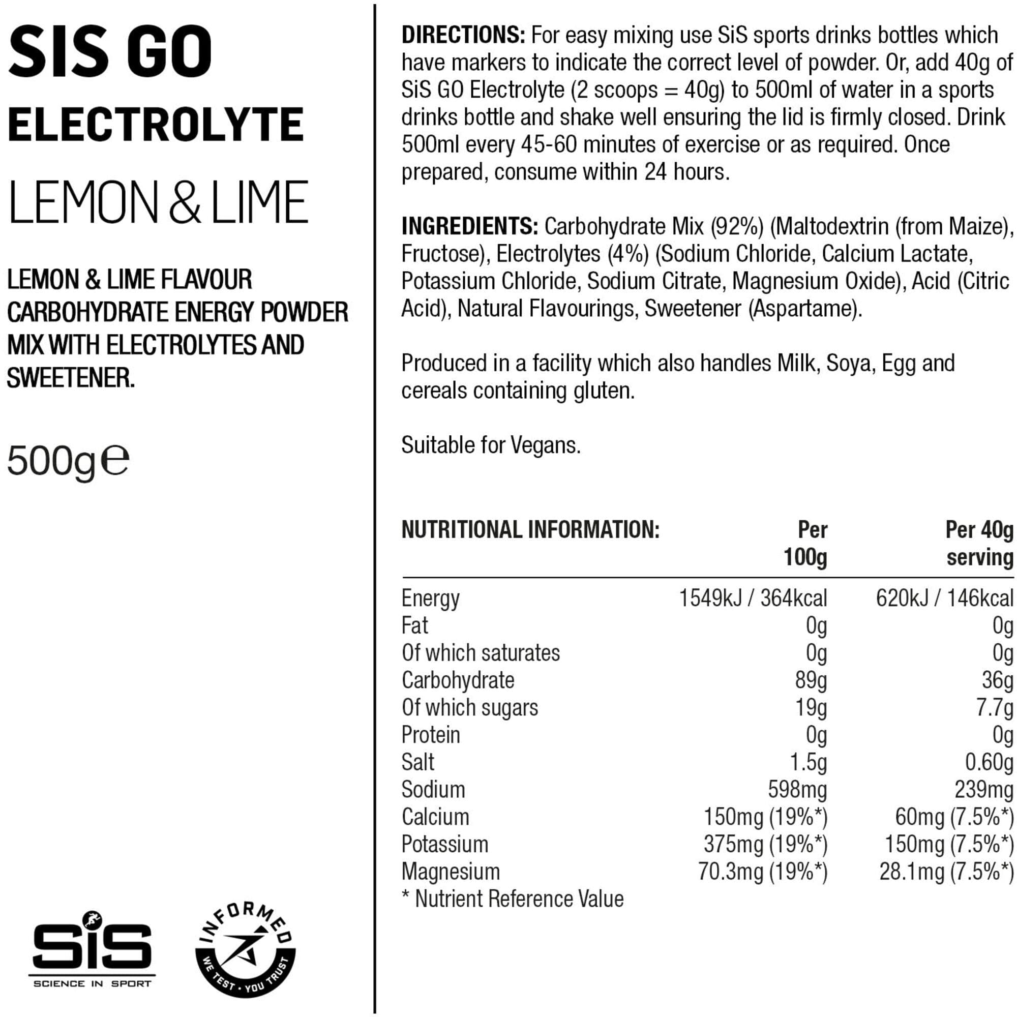 Science In Sport GO Electrolyte drink powder - 500 g tub - lemon and lime
