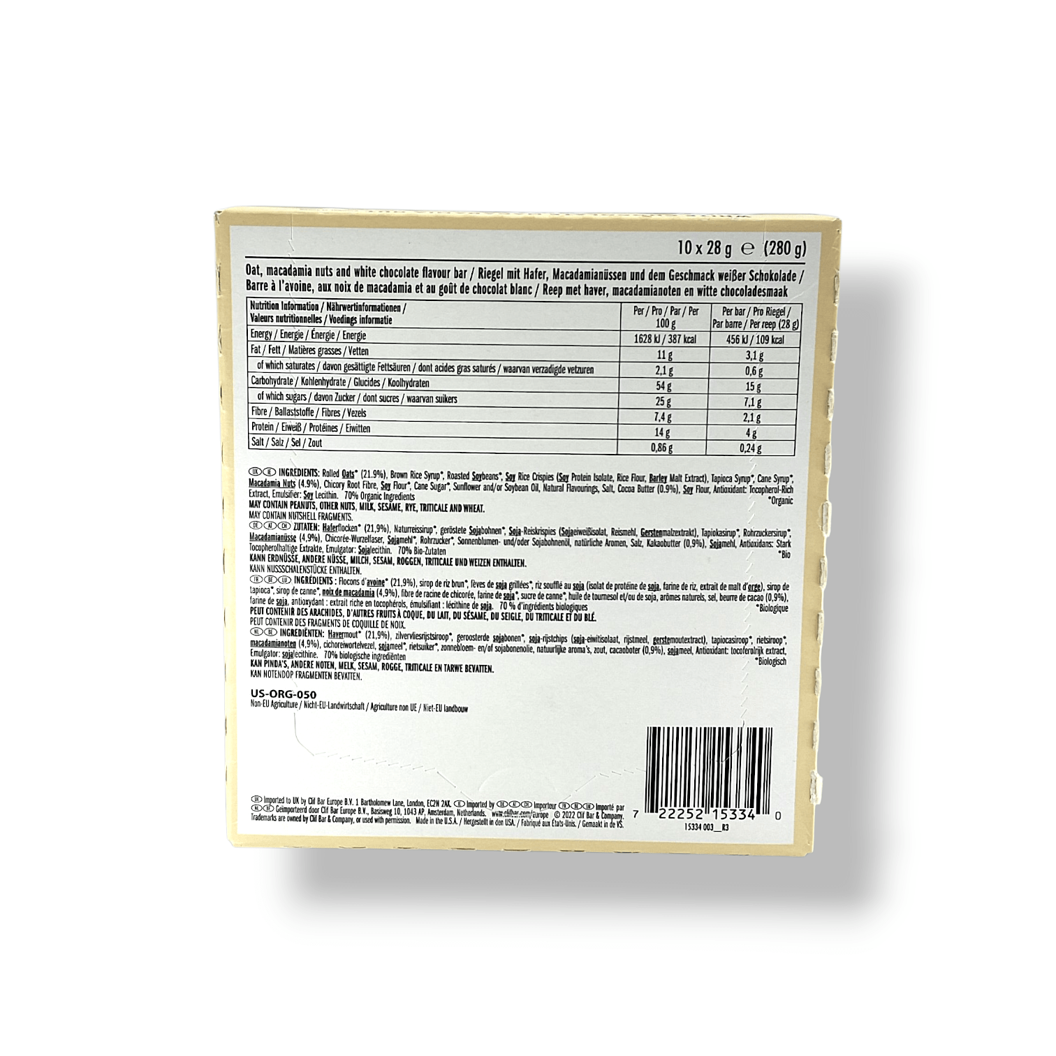 Clif Bar Mini White Chocolate Macadamia 10 Pack 70% Organic