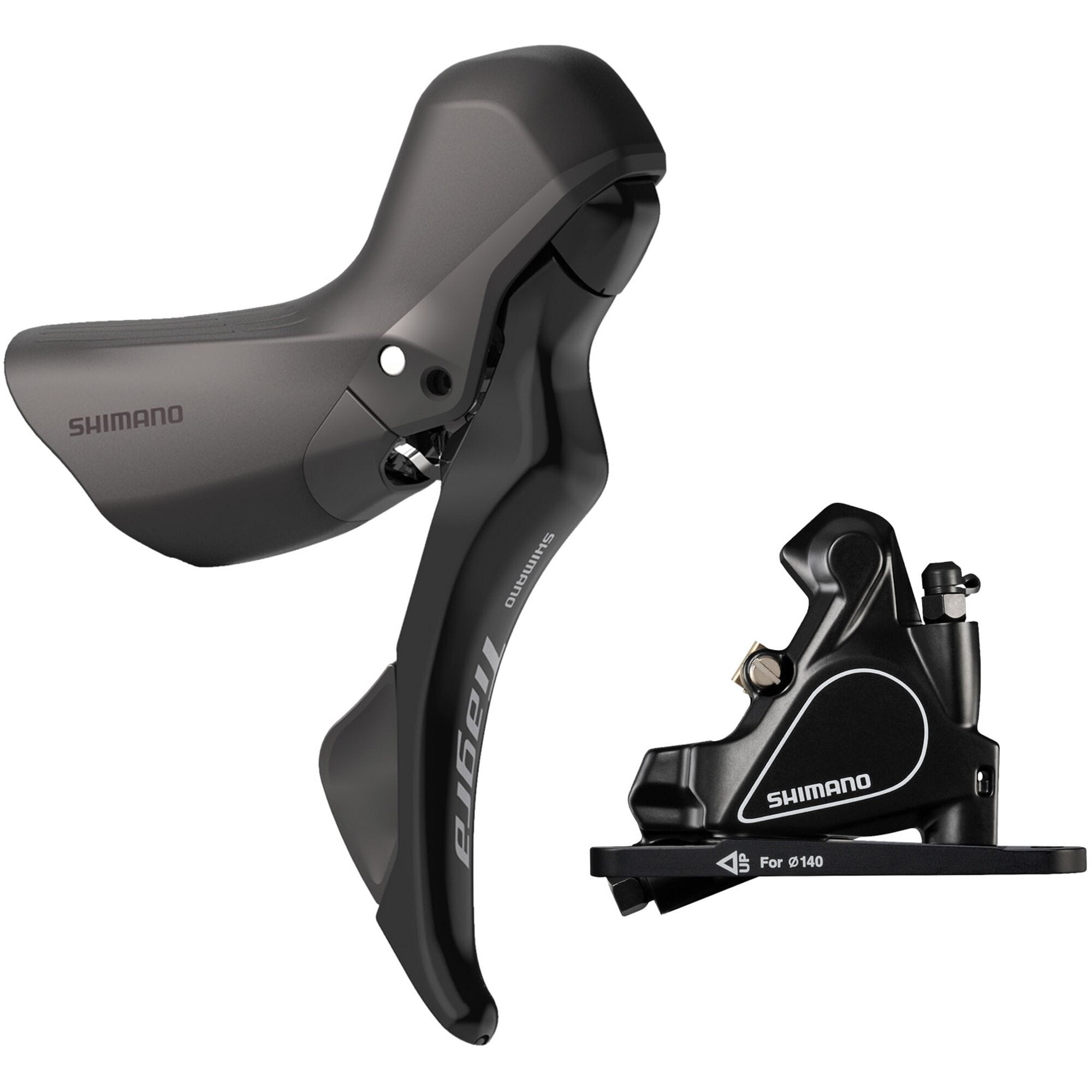 Shimano Tiagra ST-R4020 Tiagra 11-speed STI bled with BR-RS405 flat mount calliper; right front