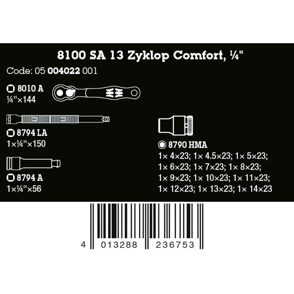 Wera Tools 8100 SA 13 Zyklop Comfort  Ratchet Set 1/4 Drive Metric,15 Pack -  -
