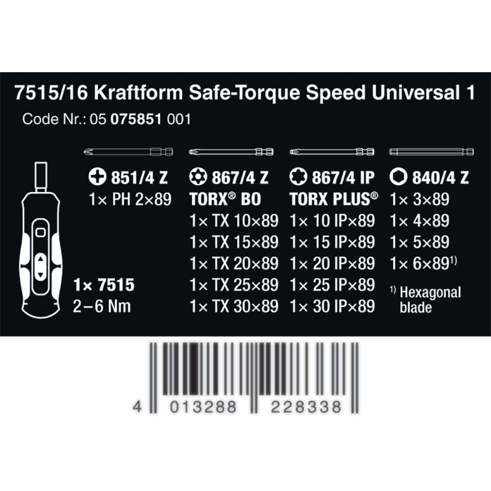 Wera Tools 7515/16 Kraftform Safe Torq Spd Uni 1 2-6nm 16pc