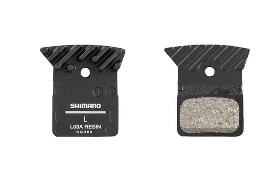 Shimano L03A disc brake pads and spring, alloy backed with cooling fins, resin