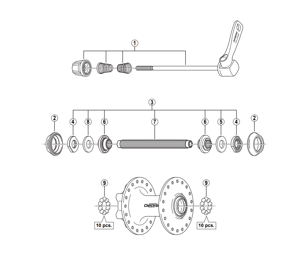 Shimano Spares HB-M525 complete axle assembly M10 108 mm