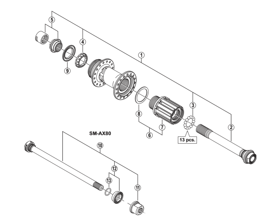 Shimano Spares FH-M640 complete hub axle; 12 mm