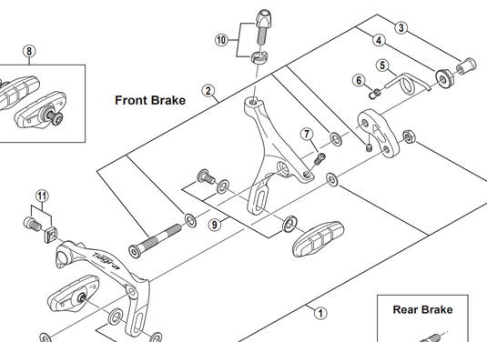 Shimano BR-4600 front pivot bolt assembly, 50.4 mm bolt, nut 27.0 mm