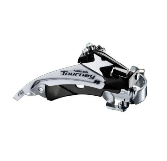 Shimano Tourney / TY FD-TY500 hybrid front derailleur; top swing; dual-pull and multi fit for 42T
