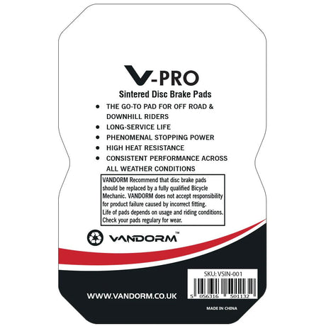Vandorm V-PRO Sintered Compound Disc Brake Pads - Avid Elixir, SRAM XX, Trickstuff