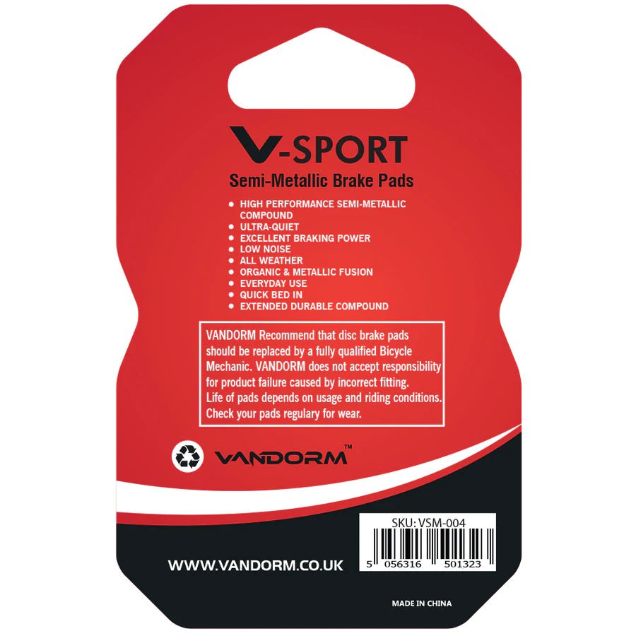 Vandorm V-SPORT Semi Metalic Disc Brake Pads - Shimano, Quad, Tektro, Giant, RST, TRP